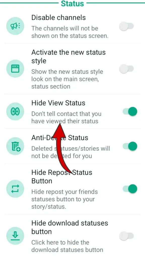 Hide View Status — WhatsApp Plus screenshot